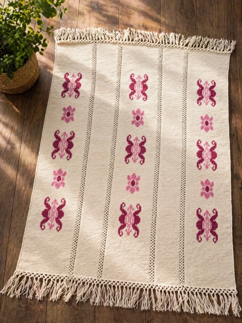 Handmade Crochet Throw Blanket Cream Pink Fringe Boho Cottage Anthro Afghan
